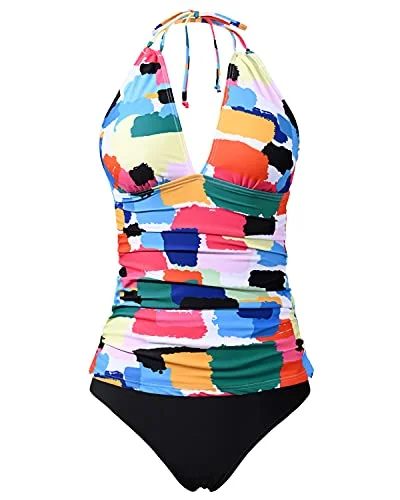 Halter V Neck Tankini Swimsuits Bikini Bottom Tummy Control Bathing Suits-Aqua