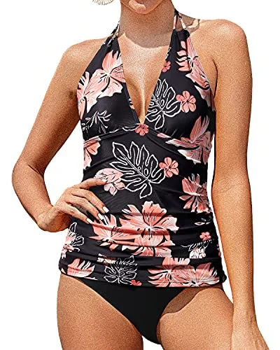 athletic floral bikini-Halter Tankini Swimsuits V Neck Tummy Control Bathing Suits-Black Orange Floral