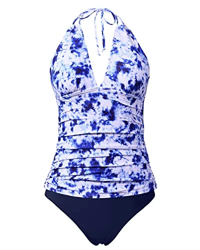 Halter Tankini Swimsuits V Neck Tops Bikini Bottom Tummy Control Swimwear-Blue Tie Dye