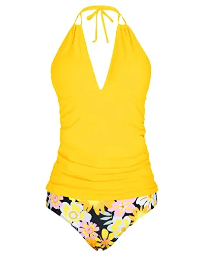 Ruched Bathing Suit Plunge Deep V Neck Two Piece Tankini-Yellow Flowers