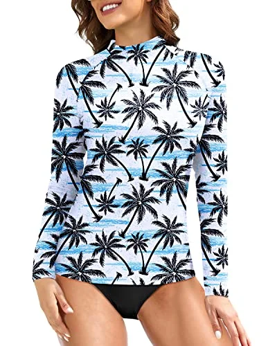 Sun Protection Swim Shirt Swimsuit Top Long Sleeve Swim Shirts For Women-Black Palm Tree