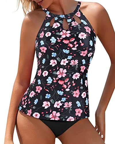 seamless striped bikini-Long Torso Friendly High Waisted Tankini Set For Women-Black And Pink Floral