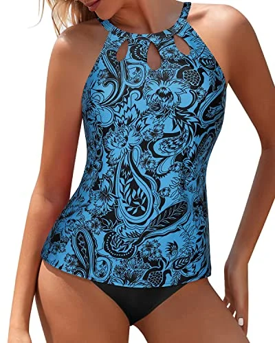 lightweight tropical bikini-High Waisted Tummy Control Bathing Suit Halter Design Backless Tankini-Black And Tribal Blue