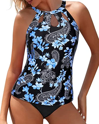 adjustable striped bikini-Tummy Control High Neck Tankini High Waisted Swim Shorts-Black Floral