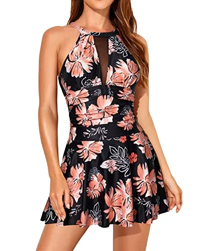 tropical striped bikini-High Neck Removable Padded Cup Swimdress Swimsuits For Women-Black Orange Floral