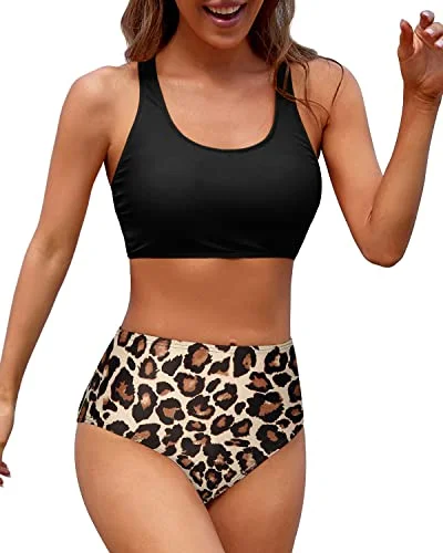 Sporty Women High Waisted Two Piece Bikini Sports Crop Top Swimsuit-Black And Leopard