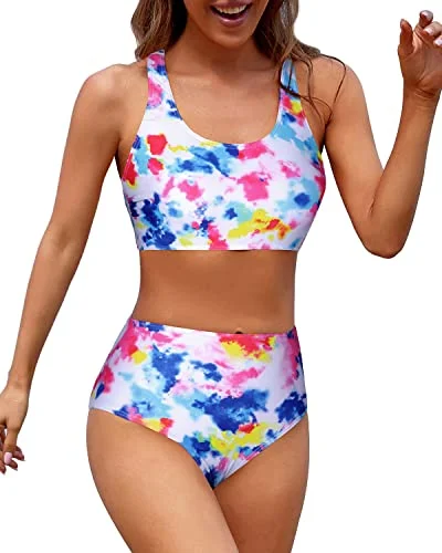 Criss Cross Back Women's High Waisted Bikini Bottom Full Coverage-Colorful Tie Dye