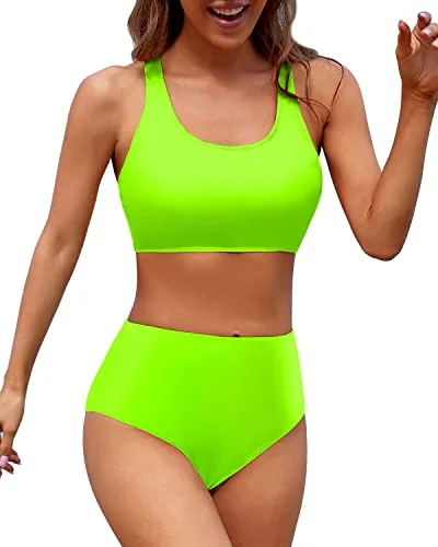 Criss Cross Back Women's High Waisted Two Piece Bikini Sports Crop Top Swimsuit-Neon Green