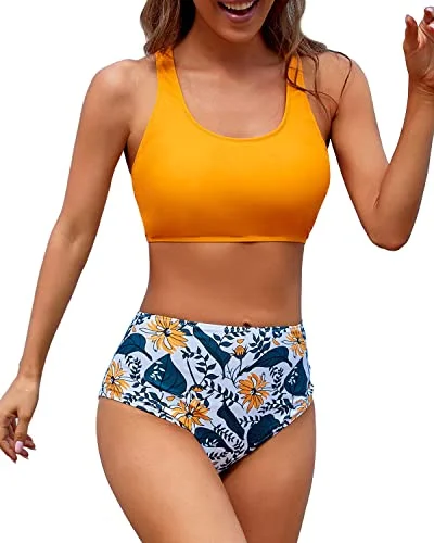 Athletic Women's Bikini Sports Crop Top Swimsuit For Teens-Yellow Floral