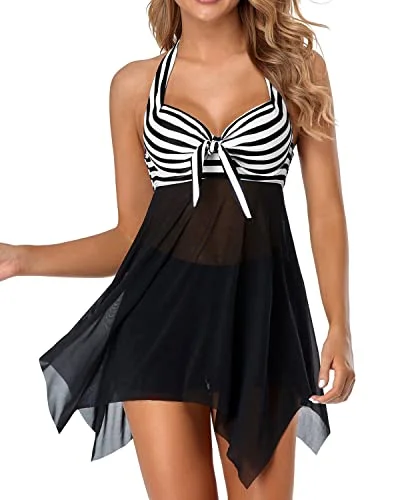 durable floral bikini-Underwire Push Up Swim Dress Halter Bathing Suit Dress With Boyshorts-Black And White Stripe