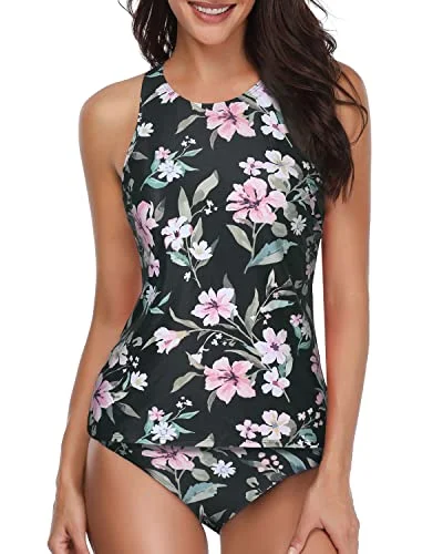 high-cut floral bikini-Tummy Control Tankini Bathing Suits For Women-Black Flowers