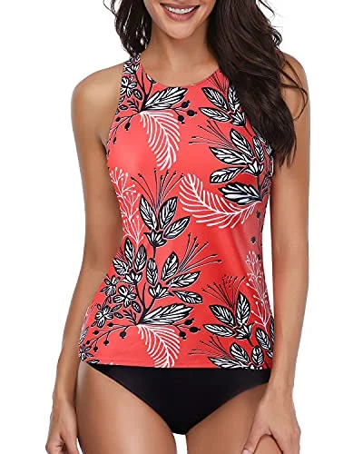 bold striped bikini-Tummy Control Long Torso Tankini Swimsuits For Women-Red Floral