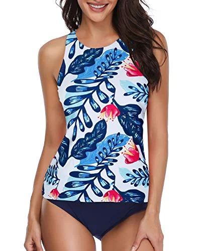 retro mesh bikini-High Neck Halter Scoop Back Tankini With Shorts-White And Blue Floral