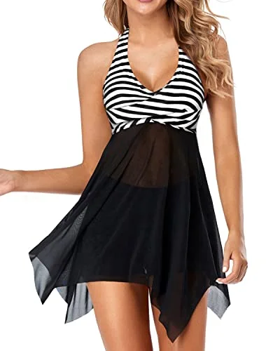 Two Piece Halter V Neck Mesh Swim Dress With Boyshorts-Black And White Stripe