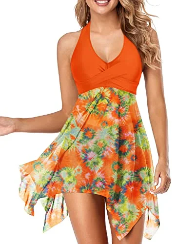 Mesh Asymmetrical Handkerchief Two Piece Swimdress-Orange