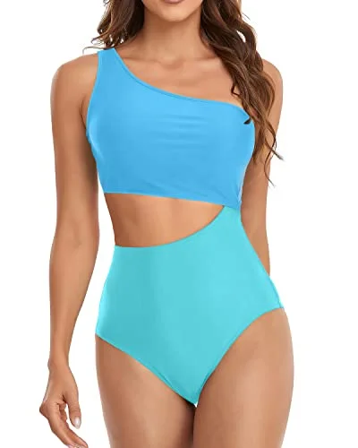 Women's High Waisted One Piece Cutout One Shoulder Swimsuit-Blue And Blue