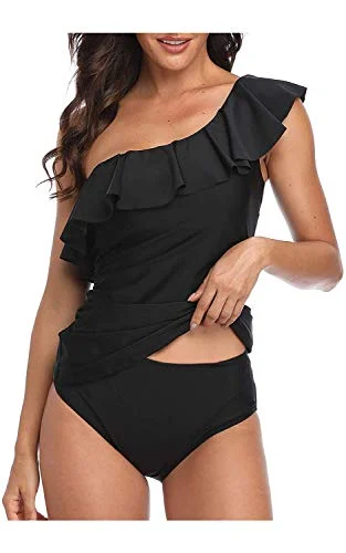 chic floral bikini-Tummy Control Bathing Suits One Shoulder Tankini-Black