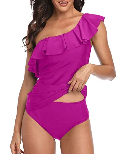 sleek coral bikini-One Shoulder Tankini Tummy Control Bathing Suits For Women-Hot Pink