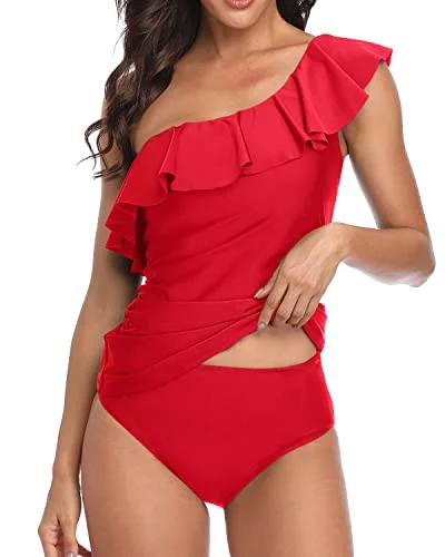 vibrant yellow bikini-Tummy Control Ruffle Tankini One Shoulder Swimsuits For Women-Red