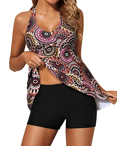 floral high-waisted bikini-Halter V Neck Tankini Swimsuits For Women Shorts-Brown Print