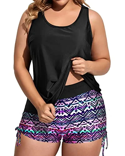 Plus Size 3 Piece Bathing Suits With Bikini Top And Boyshorts-Black And Tribal Purple