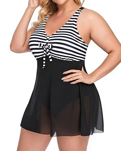 floral bandeau bikini-Plus Size Tummy Control Swimsuit For Women Swimdress-Black And White Stripe