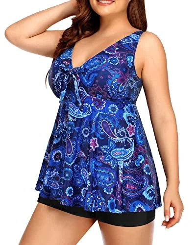 tropical high-waist bikini-Slimming Flare Silhouette Swimwear Tie Knot Plus Size Tankini Set-Blue Tribal