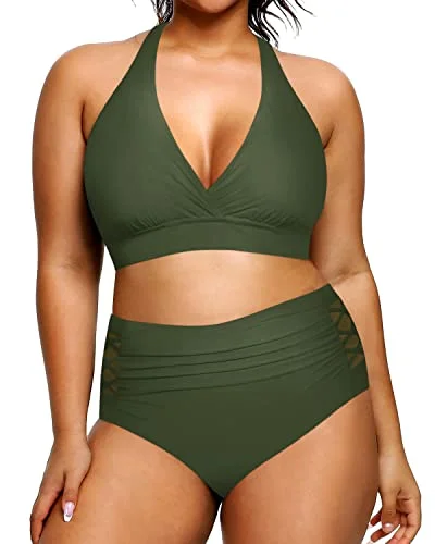 UV-blocking striped bikini-Plus Size Tummy Control Women's Two Piece Halter Bikini Swimsuit-Army Green