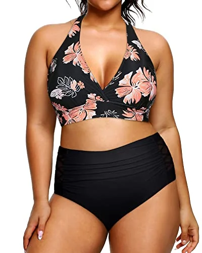 seamless floral bikini-Women's Full Coverage Two Piece Plus Size Bikini Swimsuit-Black Orange Floral