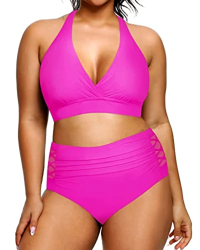 colorful tropical bikini-Plus Size Two Piece Halter Bikini Swimsuit Tummy Control High Waisted-Neon Pink