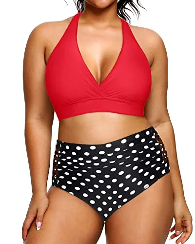 floral high-leg bikini-High Waisted Two Piece Plus Size Halter Bikini Swimsuits For Curvy Women-Red Dot