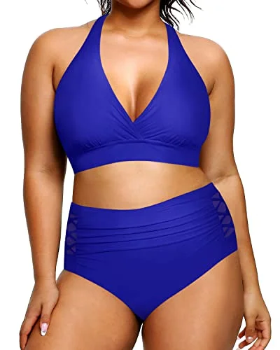 bold tropical bikini-V Neck Two Piece Plus Size Halter Bikini Swimsuits Push Up Pads-Royal Blue