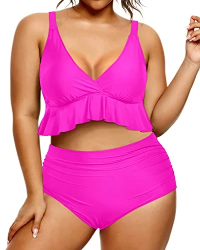 vintage geometric bikini-Plus Size Two Piece Bikini Set Tummy Control Ruffle Swimsuits For Women-Neon Pink