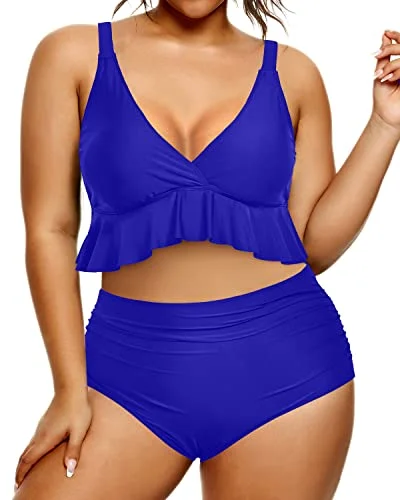 minimalist striped bikini-Women Plus Size Two Piece Swimsuits Tummy Control High Waisted Bikini Set-Royal Blue