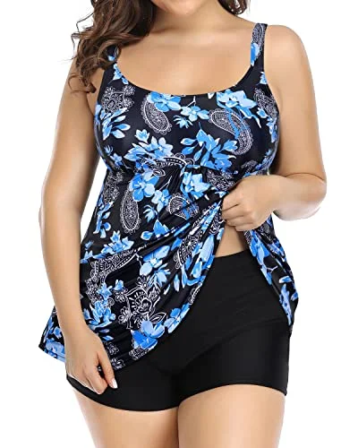 athletic striped bikini-Scoop Neck Plus Size Tankini Swimsuits For Women With Boy Short-Black Floral