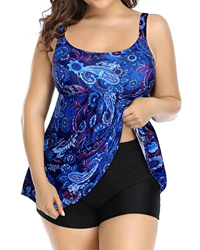 plus-size tropical bikini-Scoop Neck Plus Size Tankini Swimsuits For Women Tummy Control-Blue Tribal