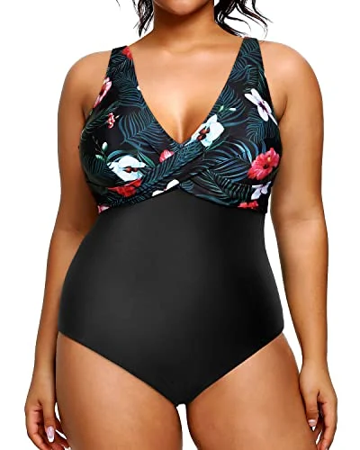 Push-Up Bra Adjustable Wide Straps Plus Size Swimsuit For Women-Black Floral