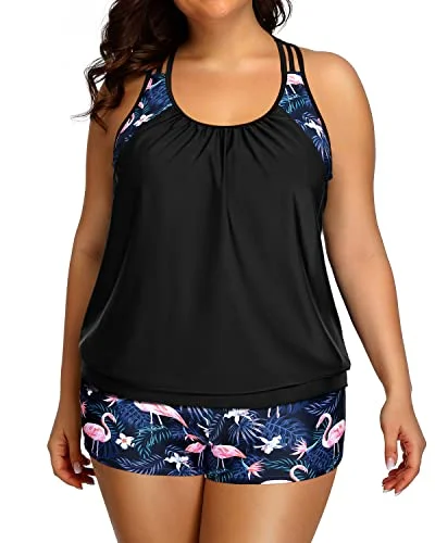 Womens Blouson Racerback Tankini Top With Shorts Plus Size Bathing Suit-Black Flamingo