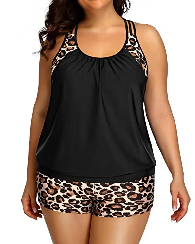 Plus Size Tankini Swimsuit For Women Two Piece Tummy Control Bathing Suit-Black Leopard