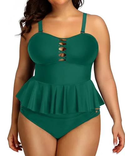 sheer striped bikini-Women's Lace Up Plus Size Tummy Control Swimsuit-Emerald Green