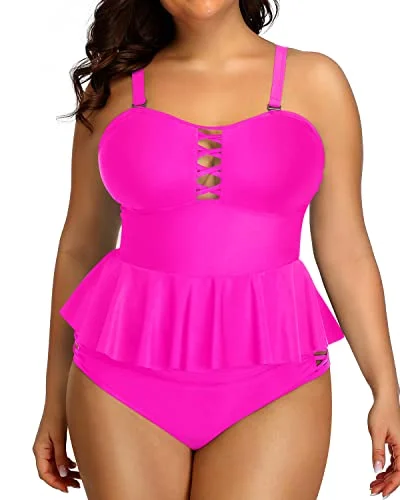 elegant floral bikini-Women's Plus Size Tummy Control Peplum Tankini Swimsuit-Neon Pink