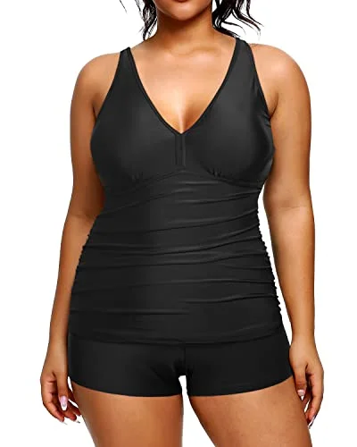 seamless striped bikini-Athletic Plus Size Tankini Shorts Swimsuits For Women-Black