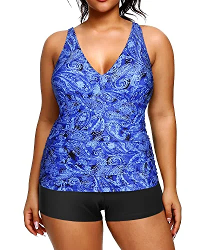 bold floral bikini-Women's Plus Size Deep V Neckline Ruched Tummy Control Tankini Swimsuit-Blue Tribal