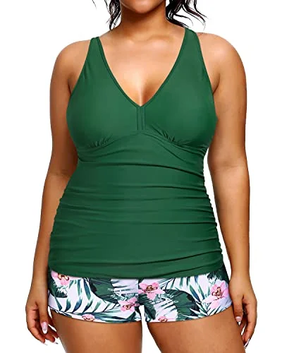 deep plunge bikini-Athletic Plus Size Bathing Suits V Neckline Modest Swimsuits For Women-Green Tropical Floral