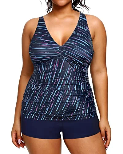 lightweight floral bikini-Women's Plus Size Tummy Control Tankini Swimsuit Shorts-Navy Blue