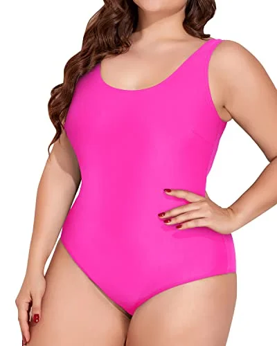 Unique Ruched Tummy Control Bathing Suits For Plus Size Women-Neon Pink