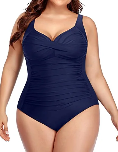 Twist Front Vintage One Piece Swimsuits For Women Plus Size-Navy Blue