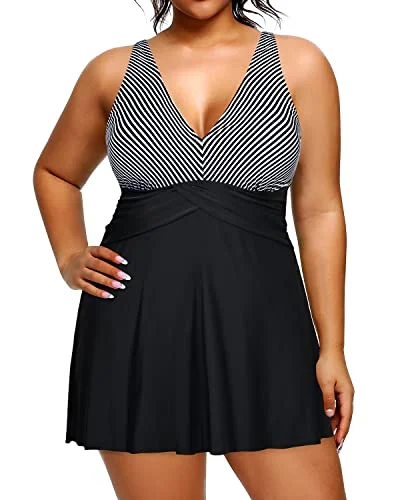 plus-size mesh bikini-Slimming Women Tummy Control Bathing Suit Swimdress With Shorts-Black And White Stripe