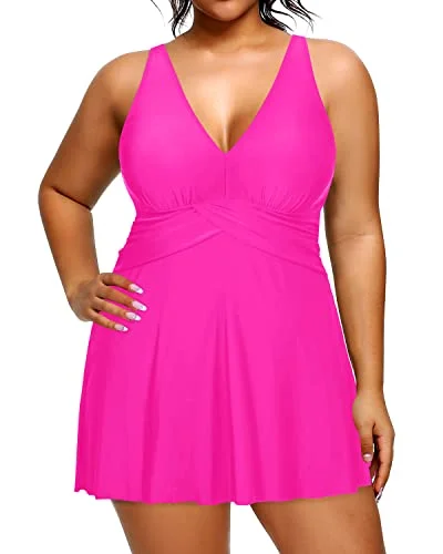 plunging tropical bikini-Women's No Wire Removable Push Up Padded Bra Plus Size Swimdress-Neon Pink