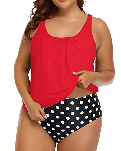 adjustable tropical bikini-Women's Tummy Control Bathing Suit Blouson Tankini Swimsuit-Red Dot